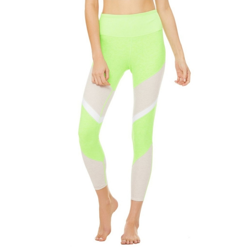 ALO Yoga high-waist Alosoft Sheila 7/8 leggings Medium Neon Lime Green/ Bone /Wh